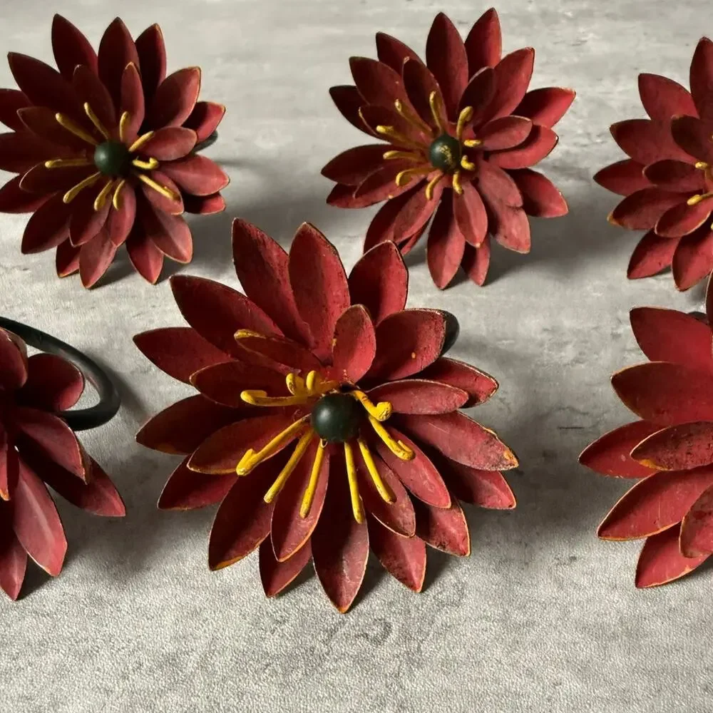 Pier 1 Metal Chrysanthemum Flower Napkin Rings Rustic Red Yellow Pistil Set of 8